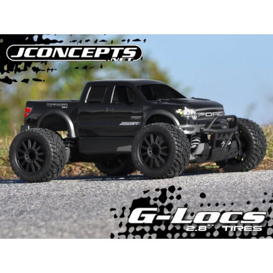 Jconcepts 2.8 G-Locs Tires, Yellow Compound, Pre-Mounted on Black Wheels for E-Stampede/E-Rustler 2WD Rear