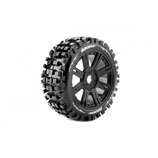 B-Ulldoze 1/8 Off-Road Buggy Tires, 17mm Hex, Mounted on Black Spoke Rim, Soft, Front/Rear (2)