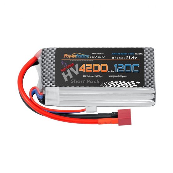 3S 11.4V 4200mAh 120C Graphene + HV LiPo Shorty Battery with T-Plug  120C Continous / 240C Brust
