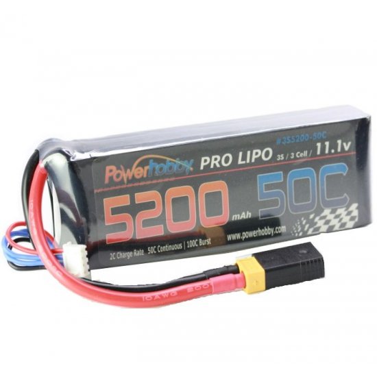 5200mAh 11.1V 3S 50C LiPo Battery with Hardwired XT60 Connector w/HC Adapter