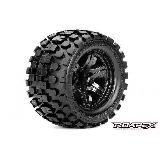 Rhythm 1/10 Monster Truck Tires, Mounted on Black Wheels, 0 Offset, 12mm Hex (1 pair)