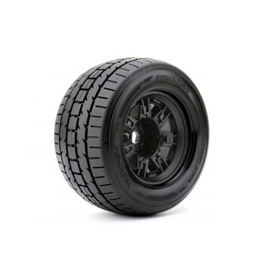 Trigger 1/8 Monster Truck Tires Mounted on Black Wheels, 1/2" Offset, 17mm Hex (1 pair)