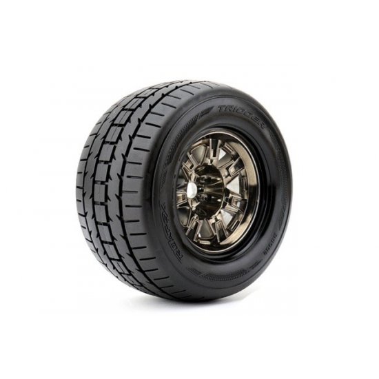 Trigger 1/8 Monster Truck Tires Mounted on Chrome Black Wheels, 1/2" Offset, 17mm Hex (1 pair)