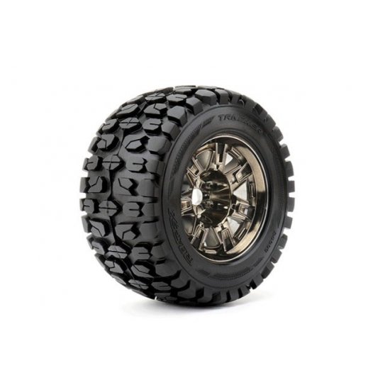 Tracker 1/8 Monster Truck Tires Mounted on Chrome Black Wheels, 1/2" Offset, 17mm Hex (1 pair)