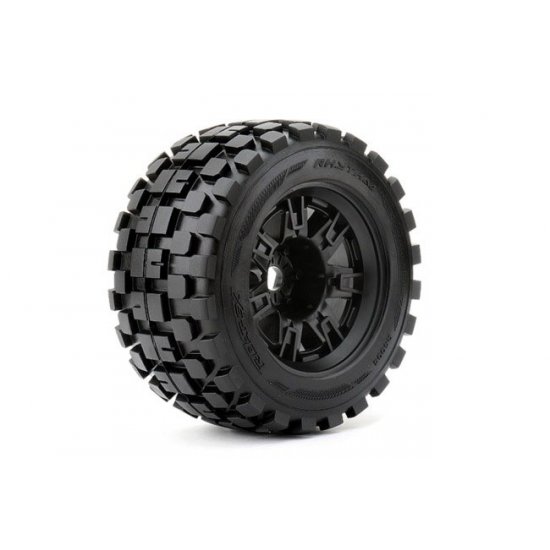 Rythm 1/8 Monster Truck Tires Mounted on Black Wheels, 0" Offset, 17mm Hex (1 pair)