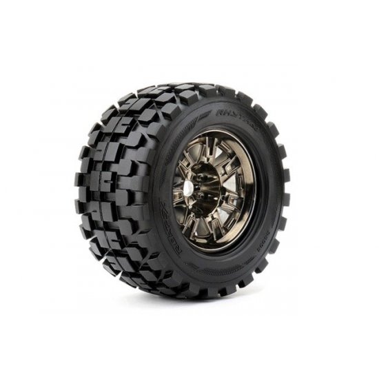 Rythm 1/8 Monster Truck Tires Mounted on Chrome Black Wheels, 1/2" Offset, 17mm Hex (1 pair)