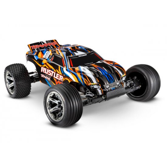  Rustler® VXL: 1/10 Scale Stadium Truck. Ready-to-Race, Velineon® VXL-3s brushless ESC (fwd/rev), Pro Series Magnum 272R™ Transmission, and Traxxas Stability Management (TSM)®.