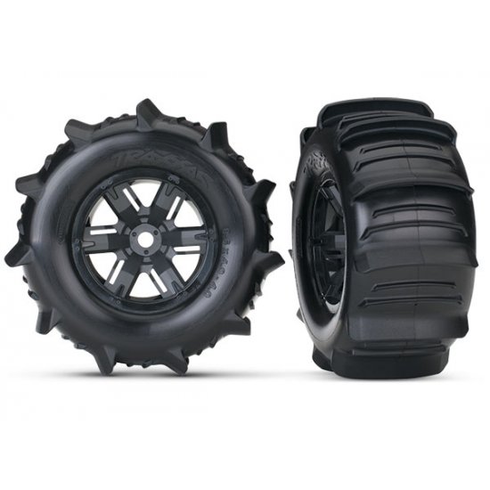 Tires & wheels, assembled, glued (X-Maxx® black wheels, paddle tires, foam inserts) (left & right) (2)
