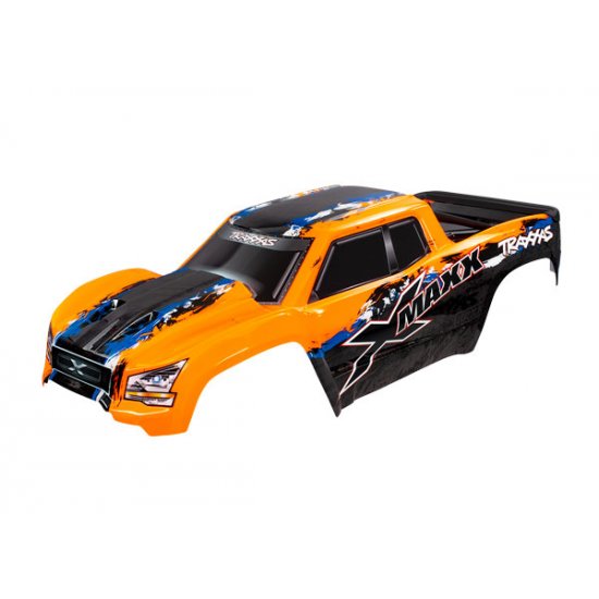 Body, X-Maxx®, orange (painted, decals applied) (assembled with front & rear body mounts, rear body support, and tailgate protector)