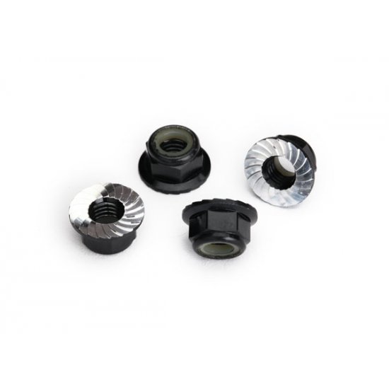 Nuts, 5mm flanged nylon locking (aluminum, black-anodized, serrated) (4)
