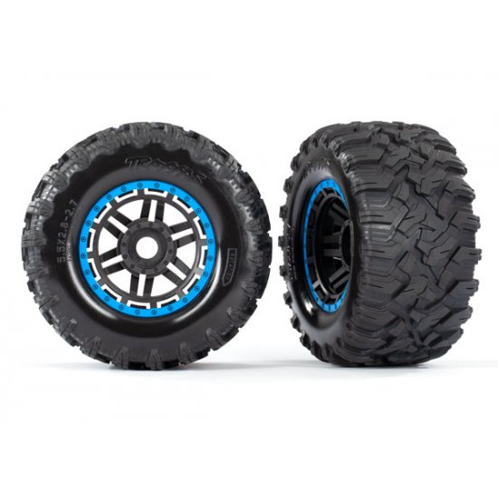 Tires & wheels, assembled, glued (black, blue beadlock style wheels, Maxx® MT tires, foam inserts) (2) (17mm splined) (TSM® rated)