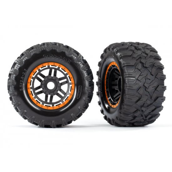 Tires & wheels, assembled, glued (black, orange beadlock style wheels, Maxx® MT tires, foam inserts) (2) (17mm splined) (TSM® rated)